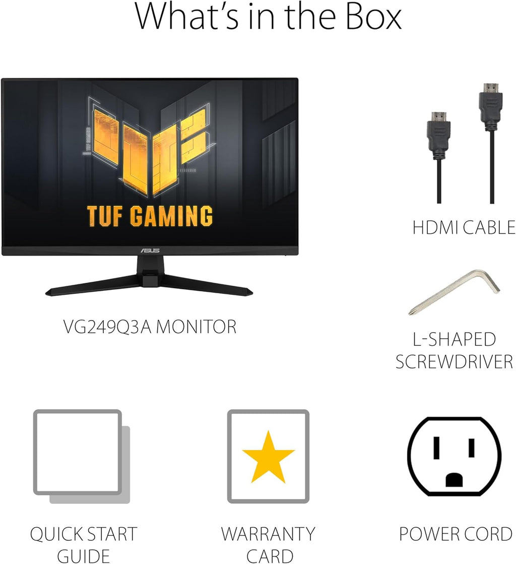 SUS TUF Gaming 24” (23.8 inch viewable) 1080P Monitor (VG249Q3A) - Full HD, 180Hz, 1ms, Fast IPS, Extreme Low Motion Blur, FreeSync Premium, Speakers, DisplayPort, HDMI, Variable Overdrive, 99% sRGB