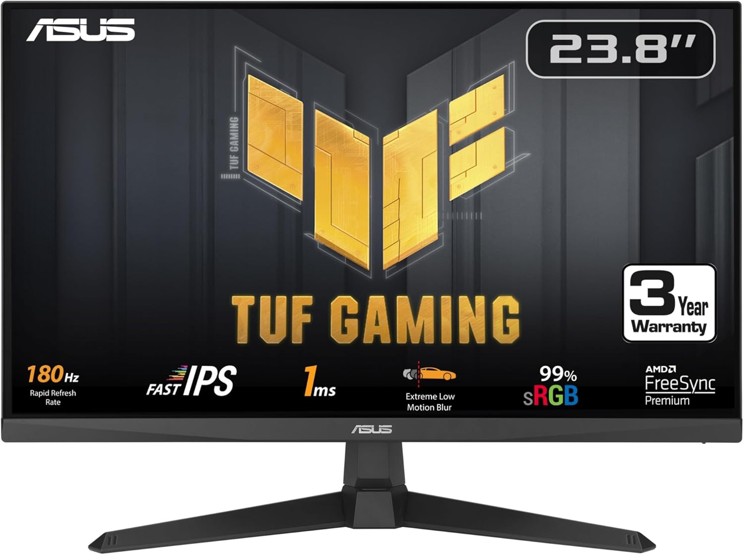 SUS TUF Gaming 24” (23.8 inch viewable) 1080P Monitor (VG249Q3A) - Full HD, 180Hz, 1ms, Fast IPS, Extreme Low Motion Blur, FreeSync Premium, Speakers, DisplayPort, HDMI, Variable Overdrive, 99% sRGB