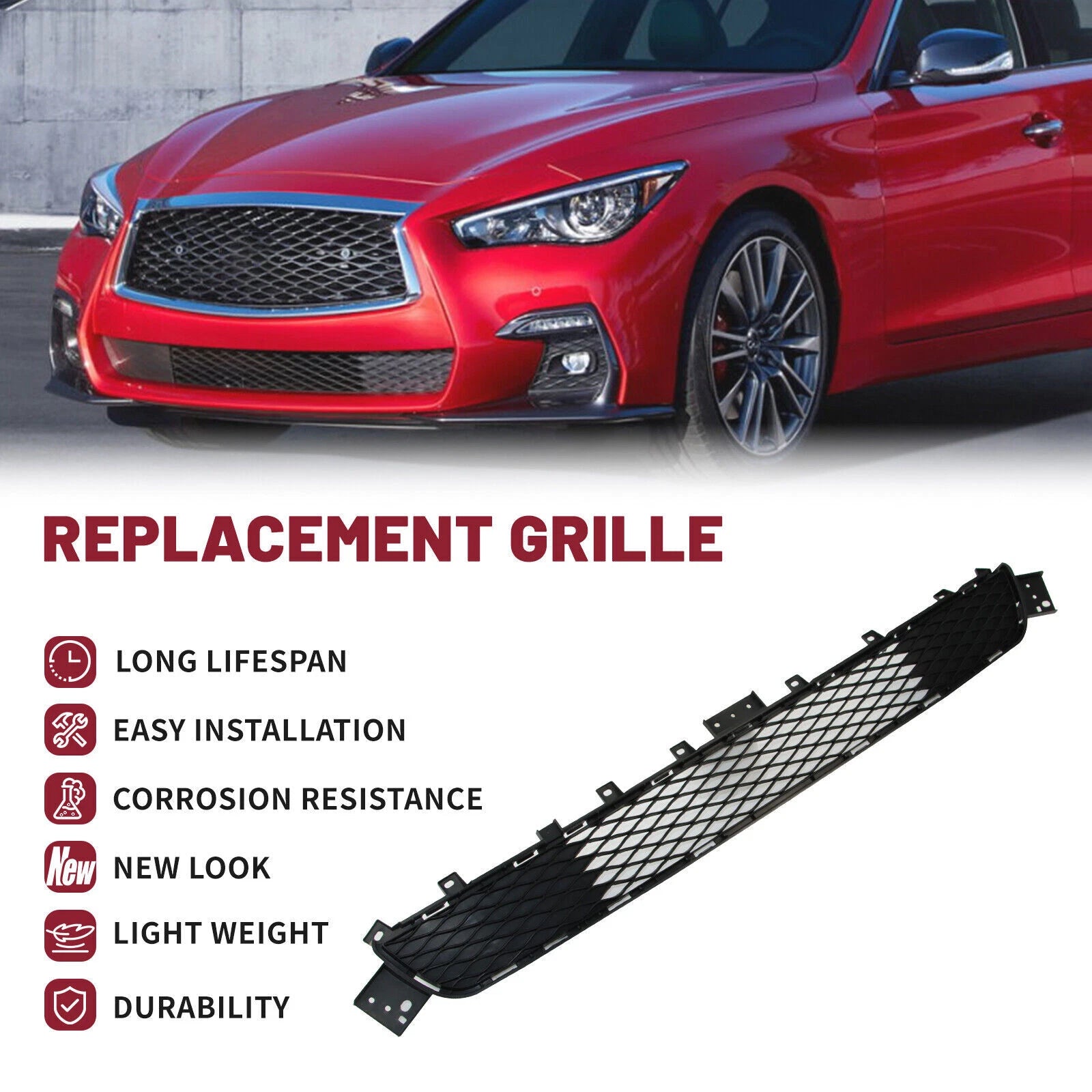 Front Bumper Lower Grille w/ Fog Light Covers For 2018-2022 Infiniti Q50 Sport