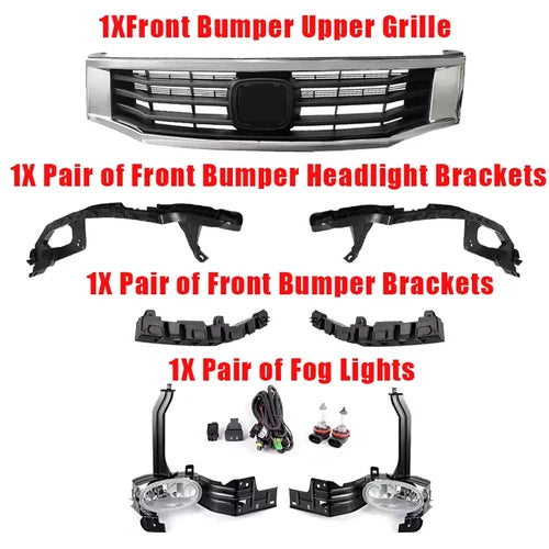 For Honda Accord 2008-2010 Front Bumper Upper Grille Fog light Kit &Bracket 7PCS
